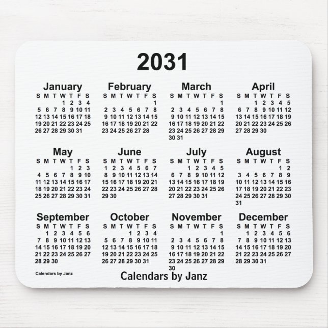 Alfombrilla De Ratón Calendario blanco 2031 de Janz Mouse Pad (Frente)