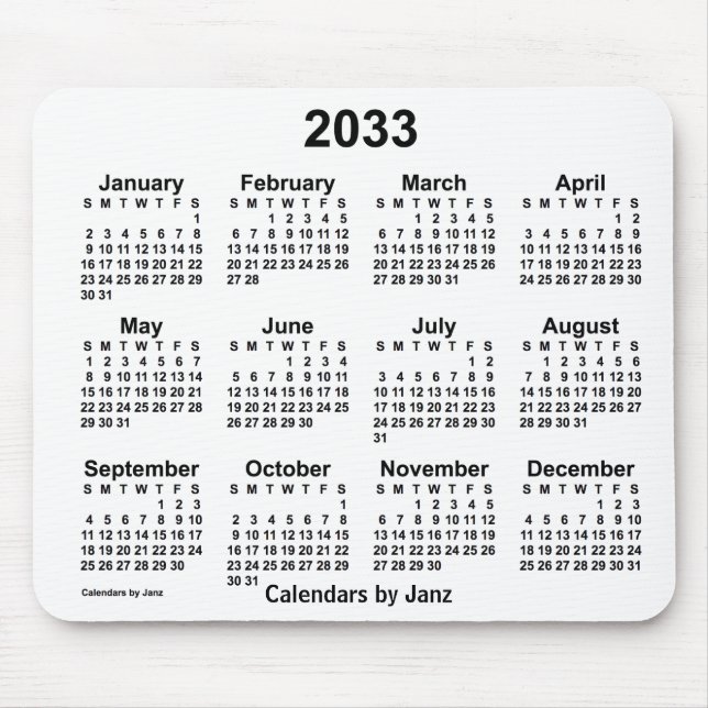 Alfombrilla De Ratón Calendario blanco 2033 de Janz Mouse Pad (Frente)