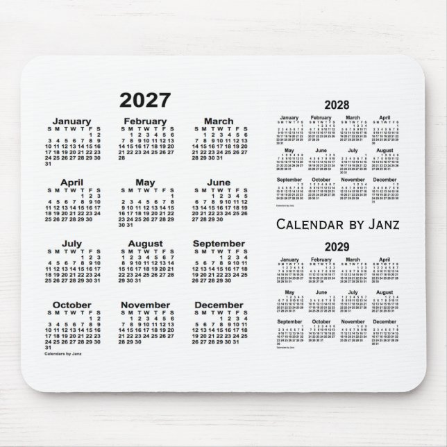 Alfombrilla De Ratón Calendario blanco de 3 años 2027-2029, de Janz (Frente)