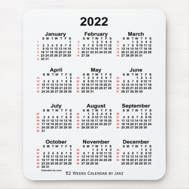 Alfombrilla De Ratón Calendario Blanco de 52 semanas 2022, de Janz (Frente)