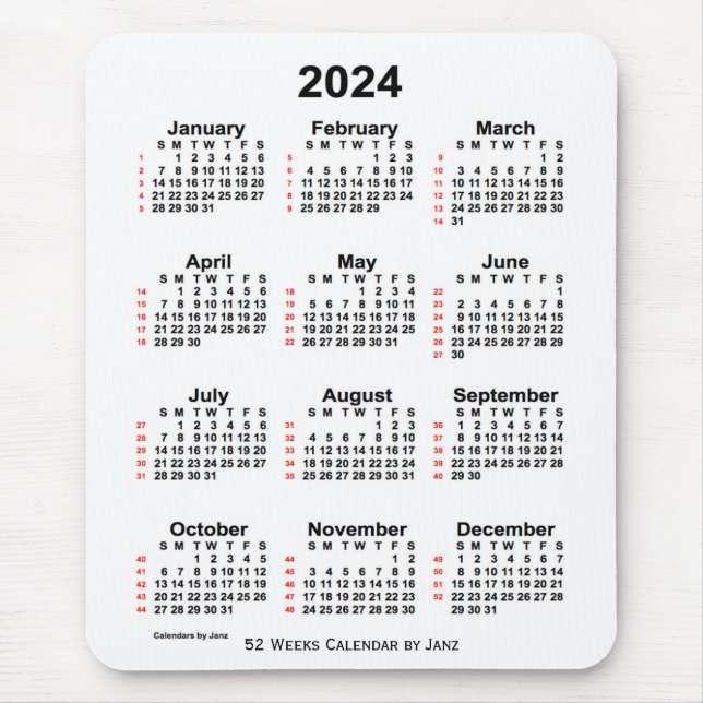 Alfombrilla De Ratón Calendario Blanco de 52 semanas 2024, de Janz (Frente)