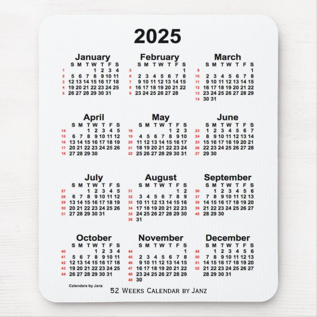 Alfombrilla De Ratón Calendario Blanco de 52 semanas 2025, de Janz (Frente)