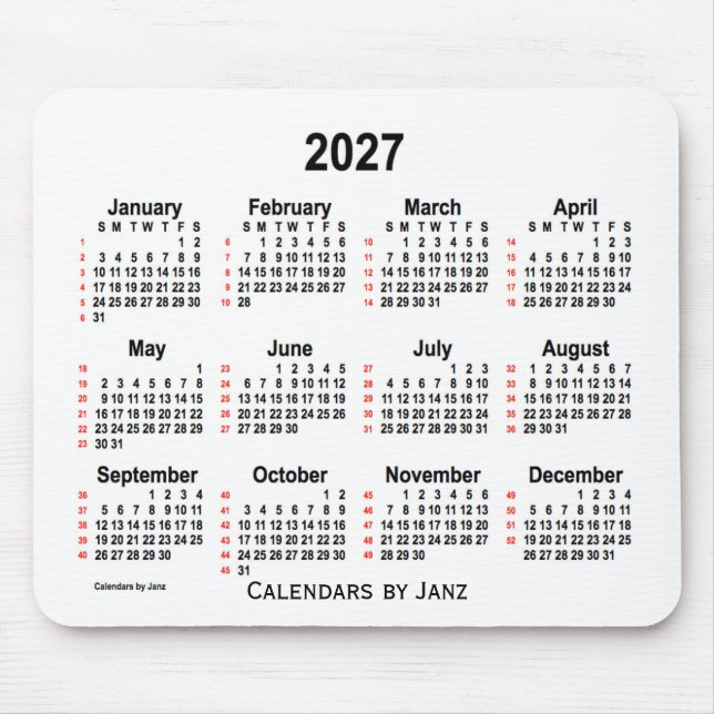 Alfombrilla De Ratón Calendario Blanco de 52 semanas 2027 de Janz (Frente)
