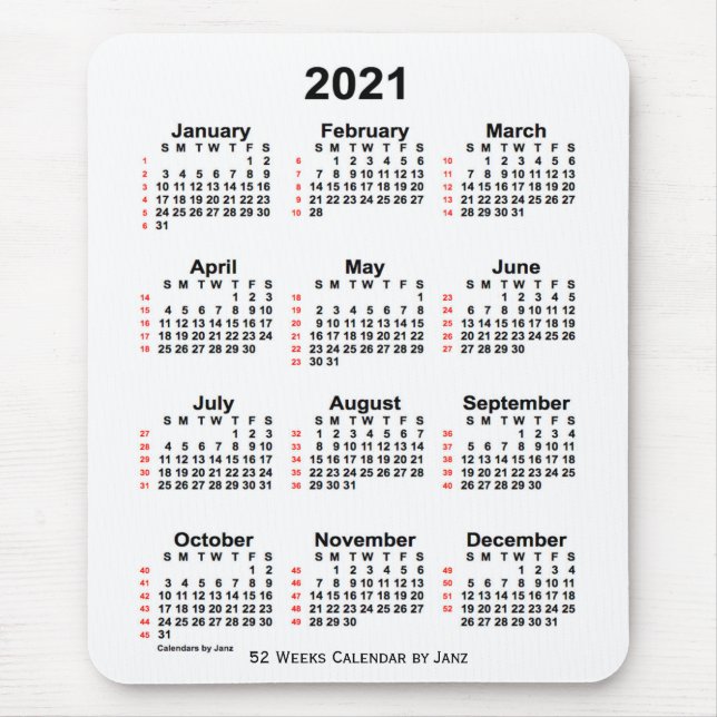 Alfombrilla De Ratón Calendario Blanco de 52 semanas de 2021, de Janz (Frente)