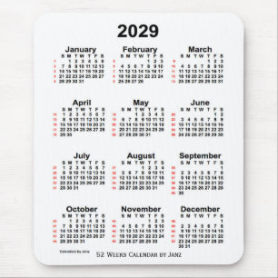 Alfombrilla De Ratón Calendario Blanco de 52 semanas de 2029, de Janz