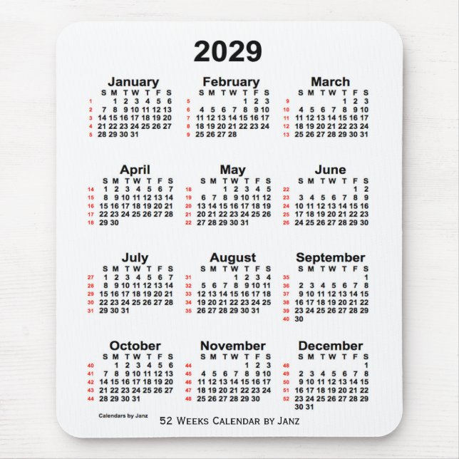 Alfombrilla De Ratón Calendario Blanco de 52 semanas de 2029, de Janz (Frente)