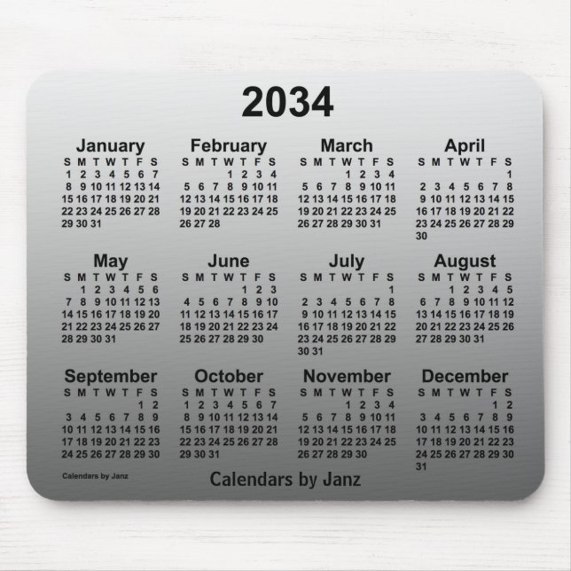 Alfombrilla De Ratón Calendario blanco desvanecido de 2034 por Janz (Frente)