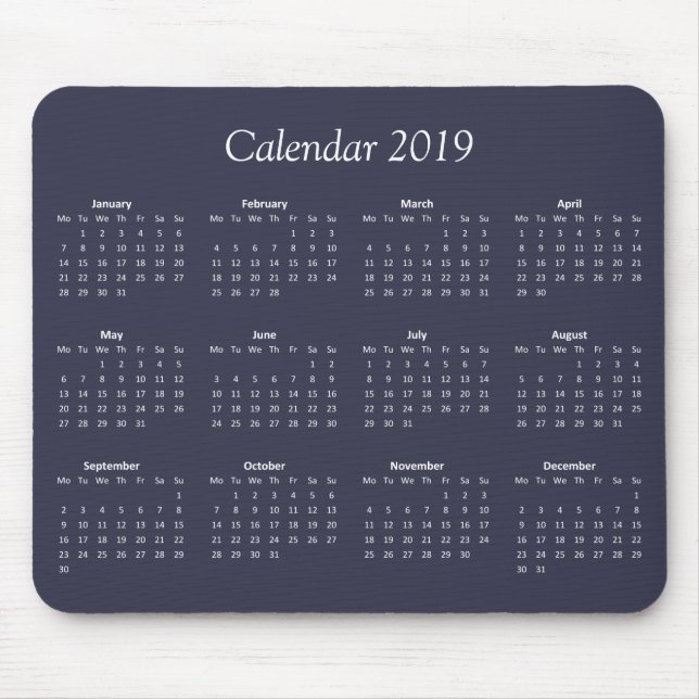 Alfombrilla De Ratón Calendario Clásico Simple Azul Y Blanco 2019 (Frente)