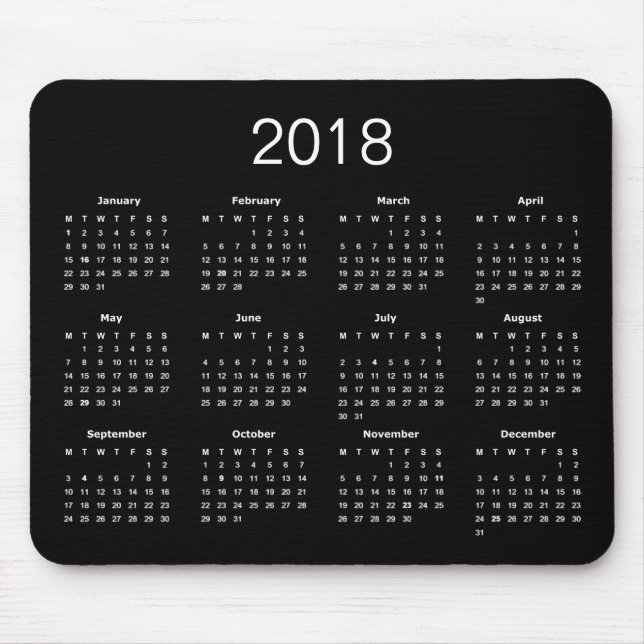 Alfombrilla De Ratón Calendario Clásico Simple Blanco Y Negro 2018 (Frente)
