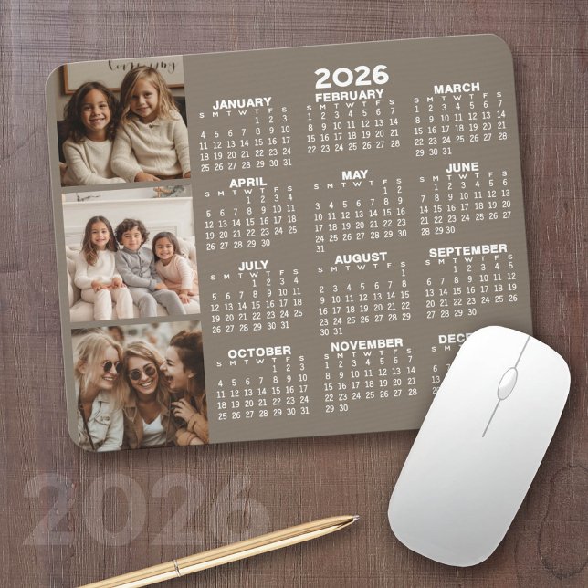 Alfombrilla De Ratón Calendario con 3 Collages de fotos - taupe (2026 Calendar with your logo or photos - Great Business Gift or Home Office Decor)