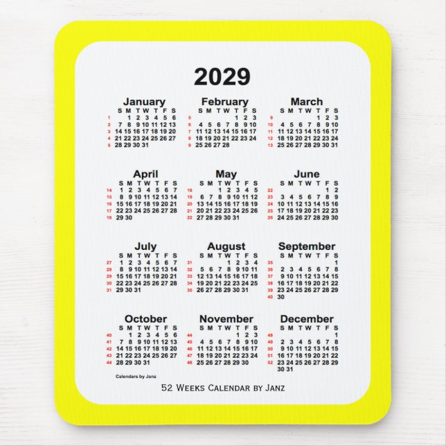 Alfombrilla De Ratón Calendario de 2029 con dos tonos amarillos de 52 s (Frente)