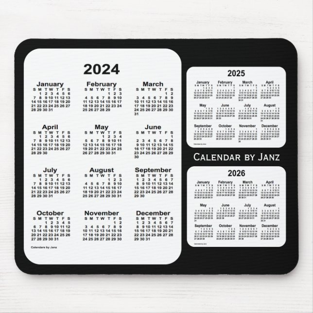 Alfombrilla De Ratón Calendario de 3 años en blanco y negro 2024-2026,  (Frente)