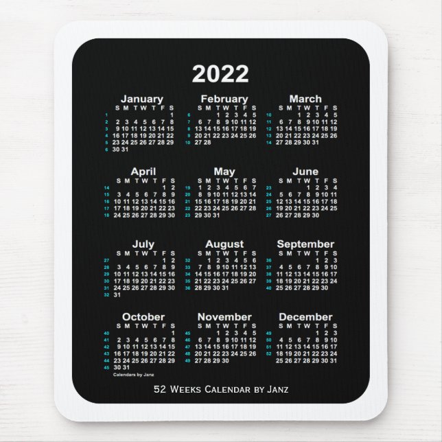 Alfombrilla De Ratón Calendario de 52 semanas de la Neón Blanca de 2022 (Frente)