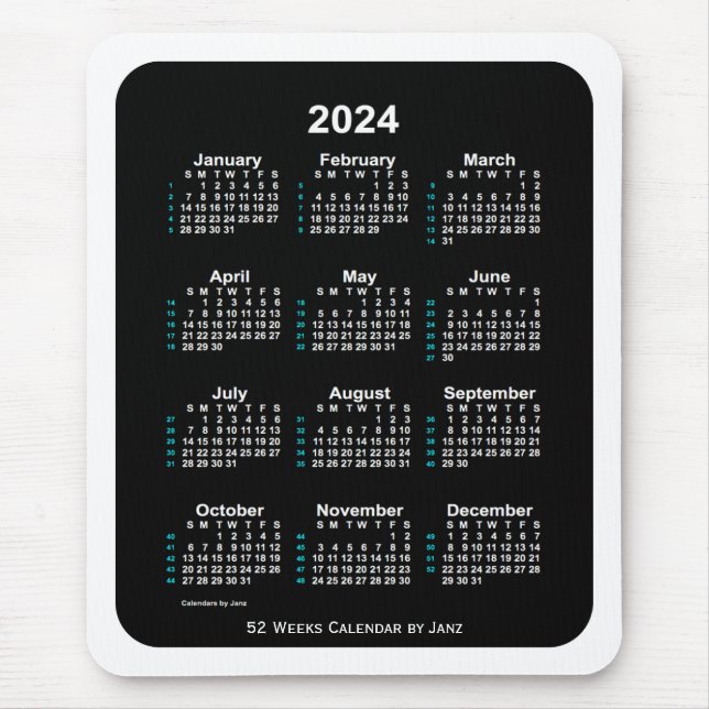 Alfombrilla De Ratón Calendario de 52 semanas de la Neón Blanca de 2024 (Frente)