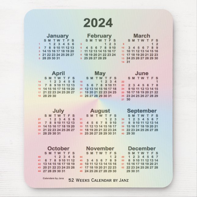 Alfombrilla De Ratón Calendario de 52 semanas de la nube arcoiris 2024, (Frente)