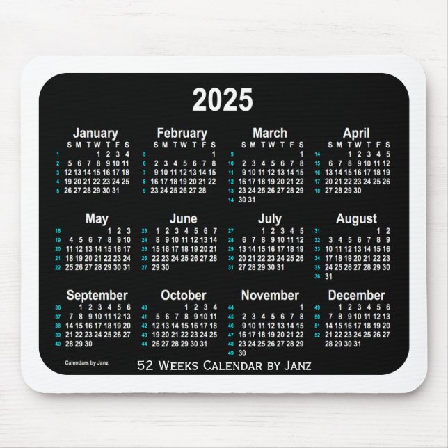 Alfombrilla De Ratón Calendario de 52 semanas de neón negro 2025 de Jan (Frente)