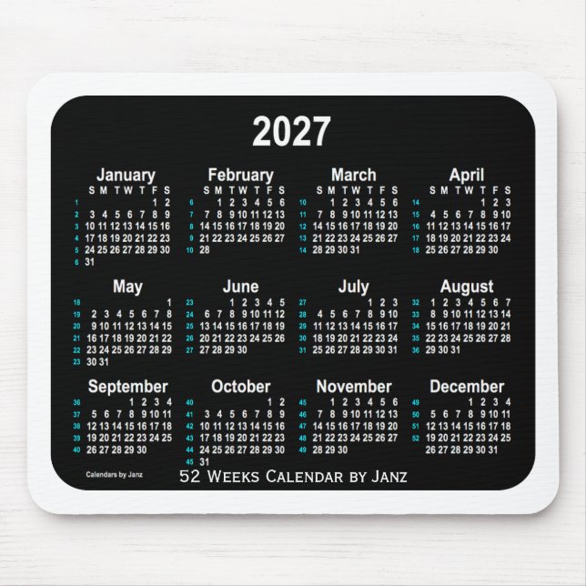 Alfombrilla De Ratón Calendario de 52 semanas de neón negro 2027, de Ja (Frente)