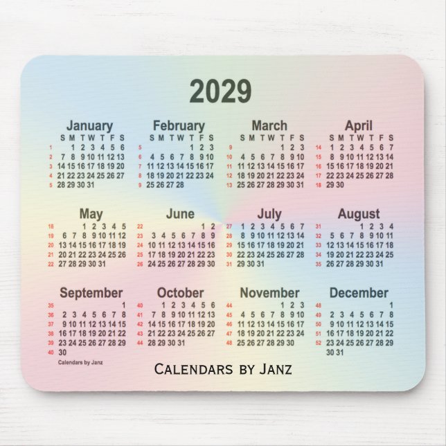 Alfombrilla De Ratón Calendario de 52 semanas de Rainbow Cloud 2029 de  (Frente)