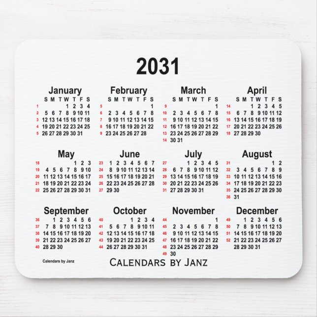 Alfombrilla De Ratón Calendario de 52 semanas en blanco 2031 de Janz Mo (Frente)