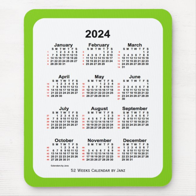 Alfombrilla De Ratón Calendario de 52 semanas verde amarillo de 2024, d (Frente)