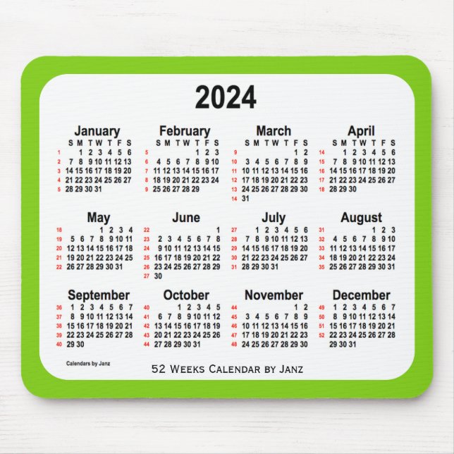 Alfombrilla De Ratón Calendario de 52 semanas verde amarillo de 2024 de (Frente)