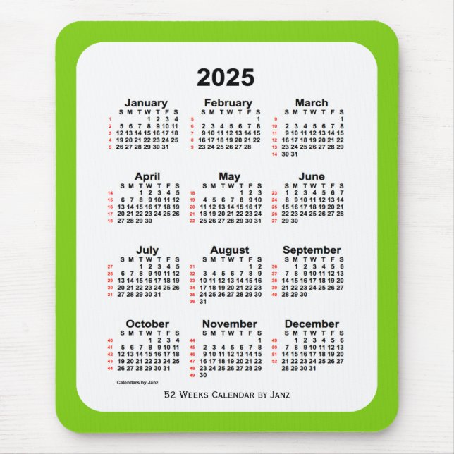 Alfombrilla De Ratón Calendario de 52 semanas verde amarillo de 2025, d (Frente)