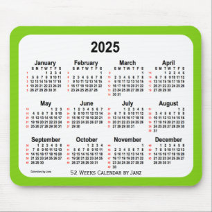 Alfombrilla De Ratón Calendario de 52 semanas verde amarillo de 2025 de