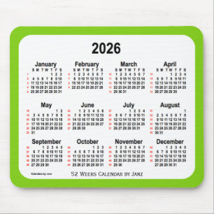 Alfombrilla De Ratón Calendario de 52 semanas verde amarillo de 2026 de