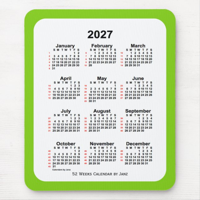 Alfombrilla De Ratón Calendario de 52 semanas verde amarillo de 2027, d (Frente)
