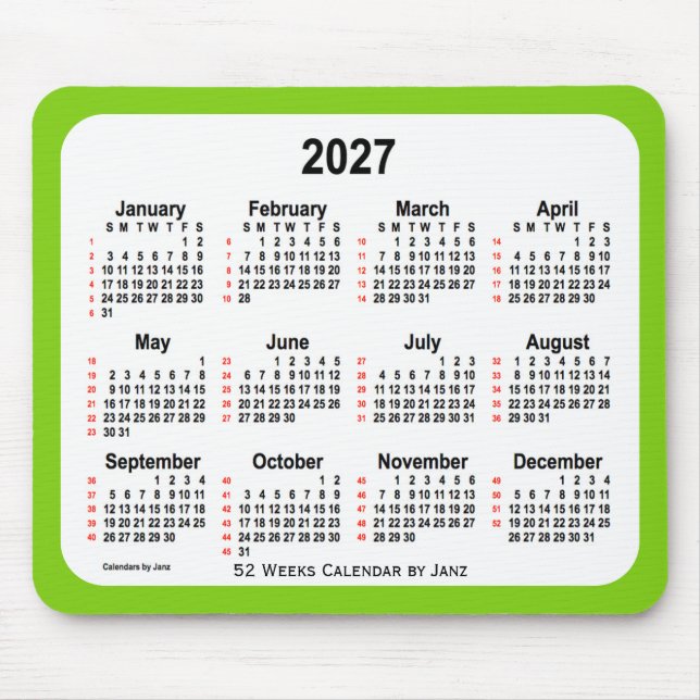 Alfombrilla De Ratón Calendario de 52 semanas verde amarillo de 2027 de (Frente)