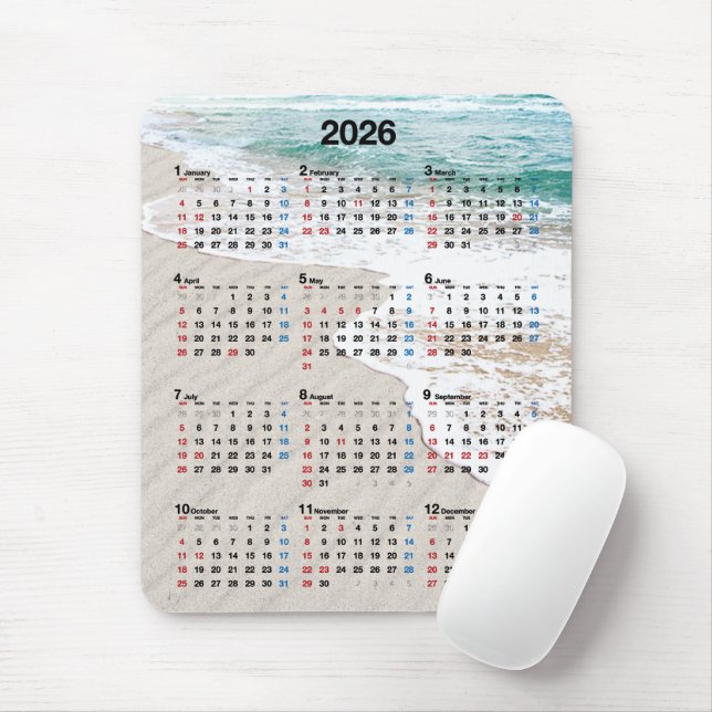 Alfombrilla De Ratón Calendario de arena de playa oceánica 2026 (Con ratón)
