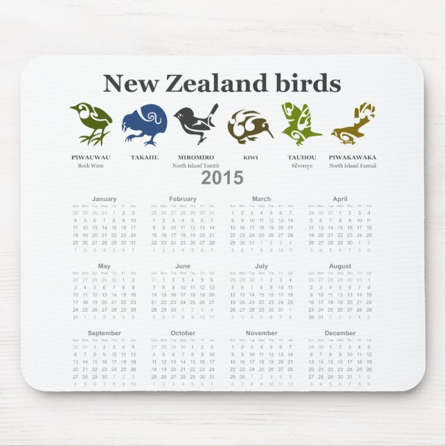 Alfombrilla De Ratón Calendario de aves de Nueva Zelanda 2015 (Frente)