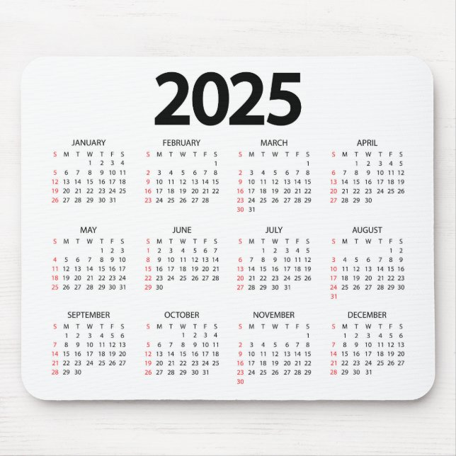 Alfombrilla De Ratón Calendario de fondo blanco Super Simple 2025 (Frente)