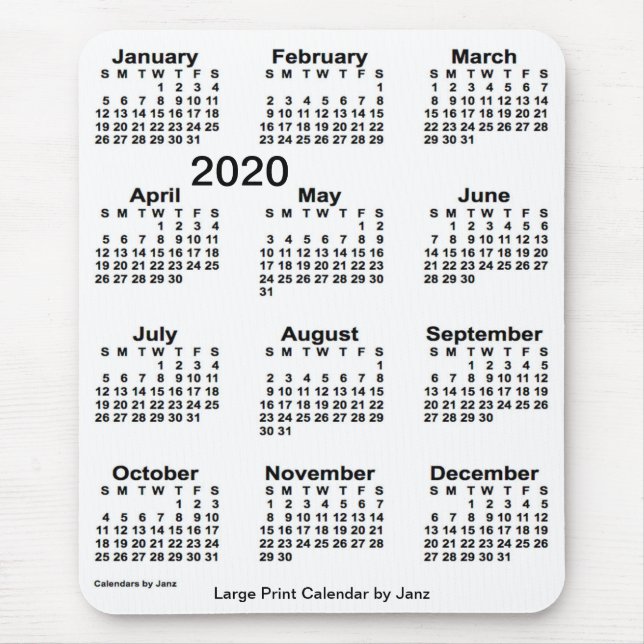 Alfombrilla De Ratón Calendario de impresión blanca grande de 2020, de  (Frente)