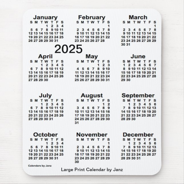 Alfombrilla De Ratón Calendario de impresión blanco grande de 2025, de  (Frente)
