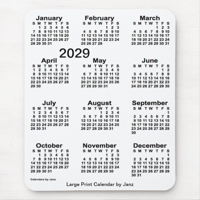 Alfombrilla De Ratón Calendario de impresión grande en blanco de 2029,  (Frente)