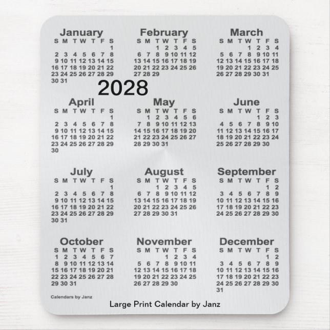 Alfombrilla De Ratón Calendario de impresión grande plateado 2028, de J (Frente)