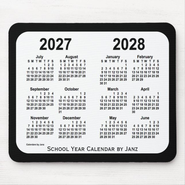 Alfombrilla De Ratón Calendario de la escuela blanca y negra 2027-2028, (Frente)