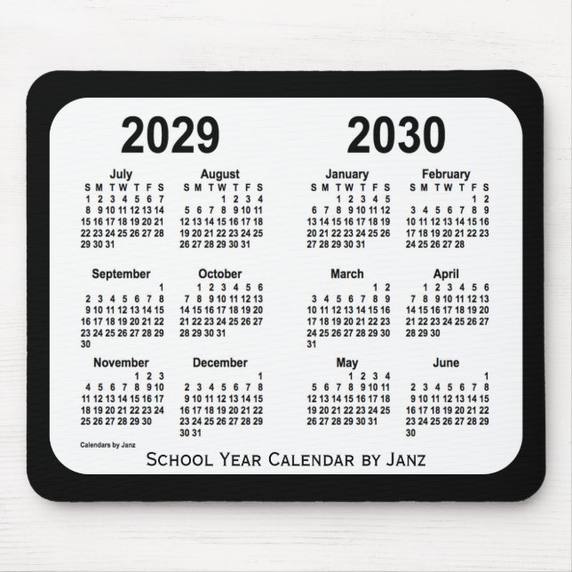 Alfombrilla De Ratón Calendario de la escuela blanca y negra 2029-2030, (Frente)