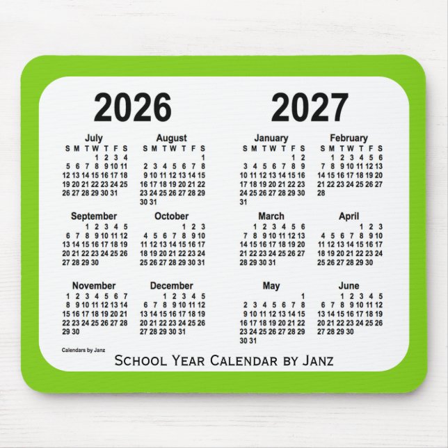 Alfombrilla De Ratón Calendario de la Escuela Verde Amarilla 2026-2027, (Frente)