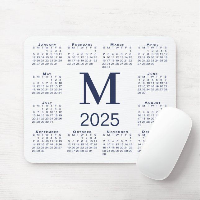 Alfombrilla De Ratón Calendario de Monograma Azul de la Marina 2025 sob (Con ratón)