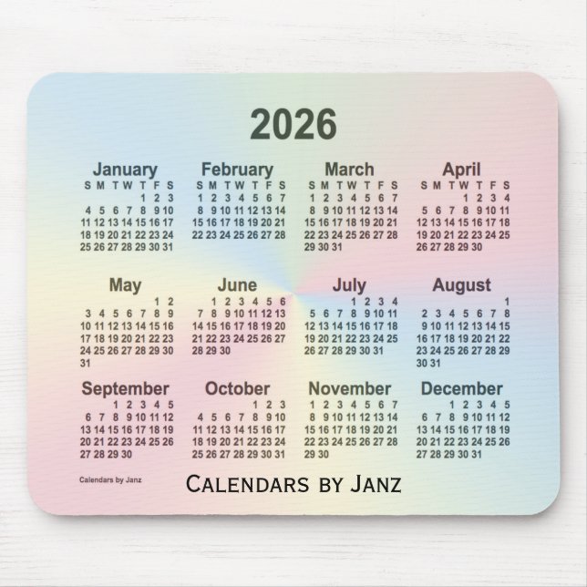 Alfombrilla De Ratón Calendario de nubes arcoiris 2026, de Janz (Frente)