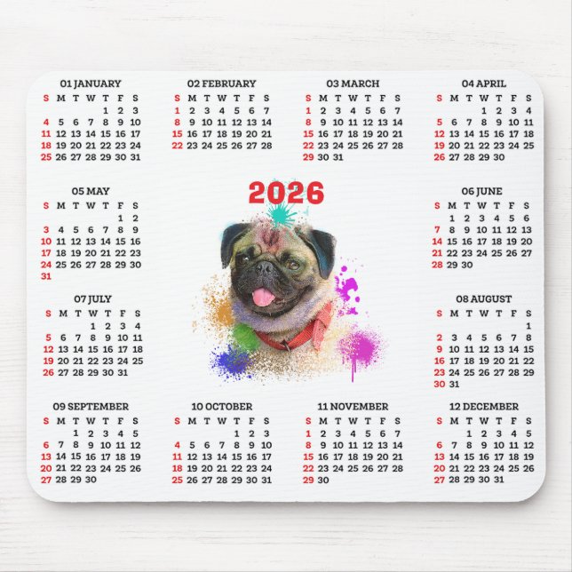 Alfombrilla De Ratón Calendario de perro Pug lindo personalizable  (Frente)