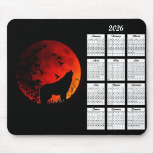 Alfombrilla De Ratón Calendario de silueta de lobo y luna de sangre 202