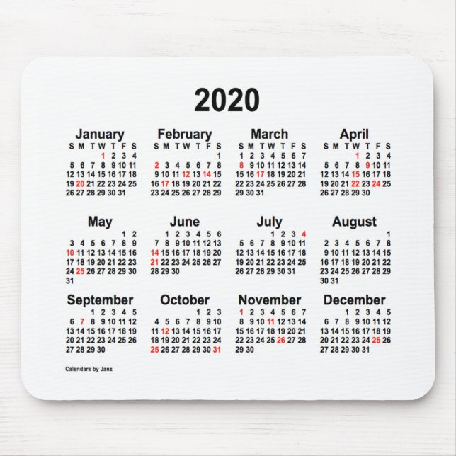 Alfombrilla De Ratón Calendario de vacaciones de 2020, por Janz Mouse P (Frente)