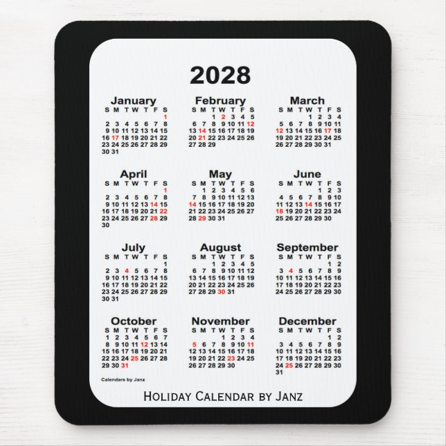Alfombrilla De Ratón Calendario de vacaciones de 2028 con dos tonos neg (Frente)