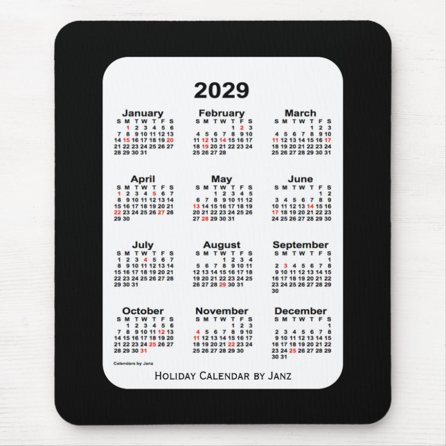 Alfombrilla De Ratón Calendario de vacaciones de 2029 con dos tonos neg (Frente)