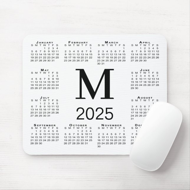 Alfombrilla De Ratón Calendario del Monograma Negro 2025 sobre blanco (Con ratón)