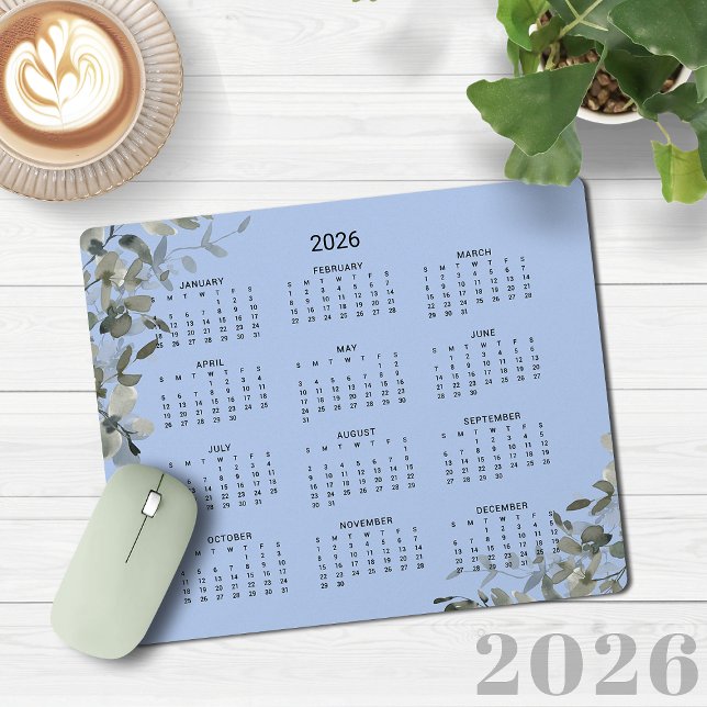 Alfombrilla De Ratón Calendario del mostrador de eucaliptos azules de F (2026 Elegant French Blue Eucalyptus Desk Calendar Mouse Pad)