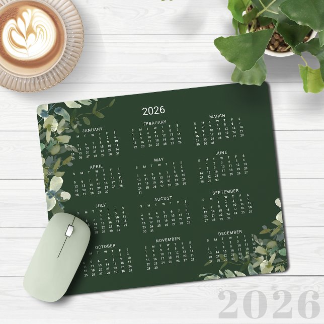 Alfombrilla De Ratón Calendario del mostrador de Eucaliptos Verde Oscur (2026 Elegant Dark Green Eucalyptus Desk Calendar Mouse Pad)